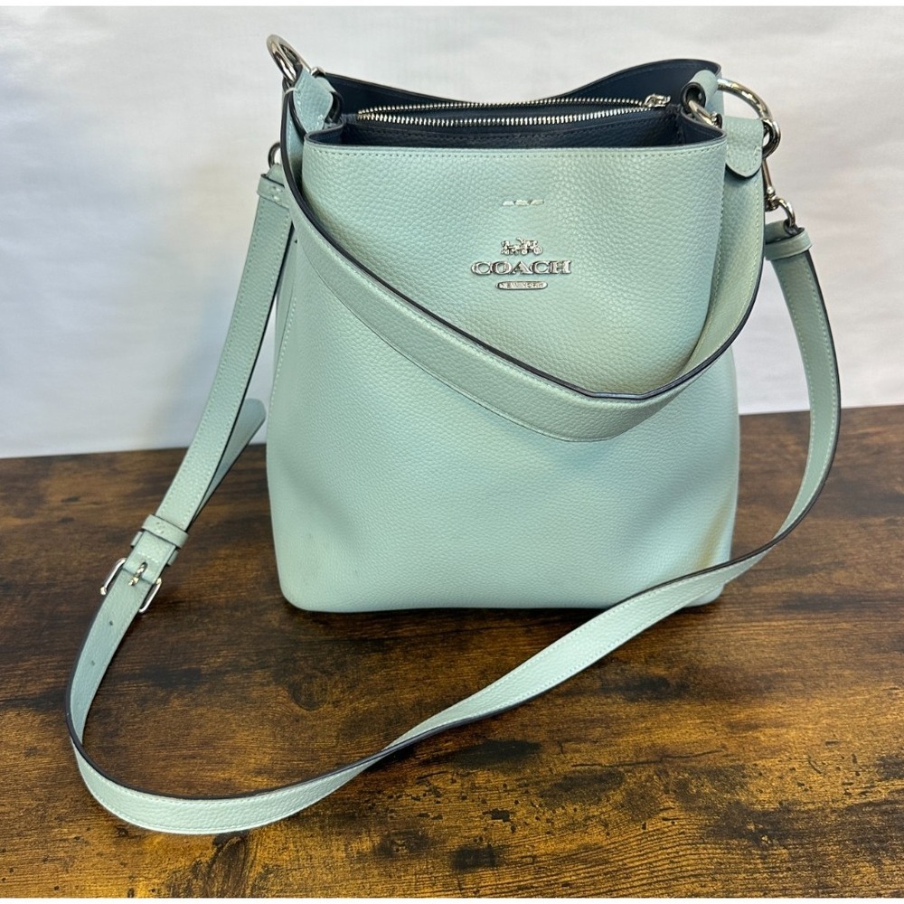 *Flawed Coach Town Bucket Bag 91122 Seafoam Blue Pebble Leather Crossbody Purse - Picture 16 of 16